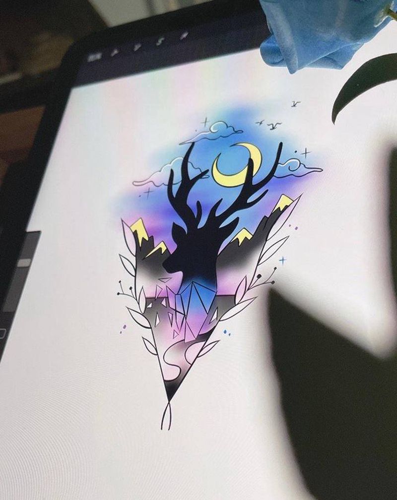 原纹身鹿添加修改纹身图片_腿部几何鹿剪影纹身图案