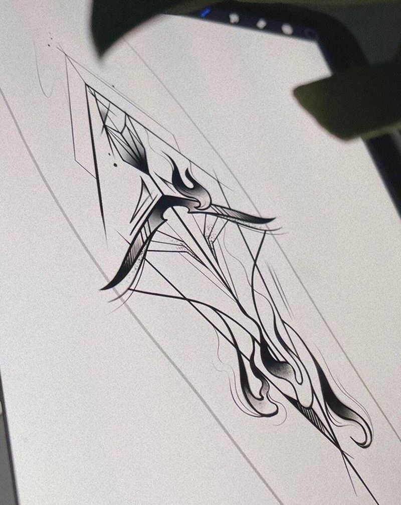 定制弓箭与火纹身手稿纹身图片_手臂腿部几何弓箭射手座火纹身图案