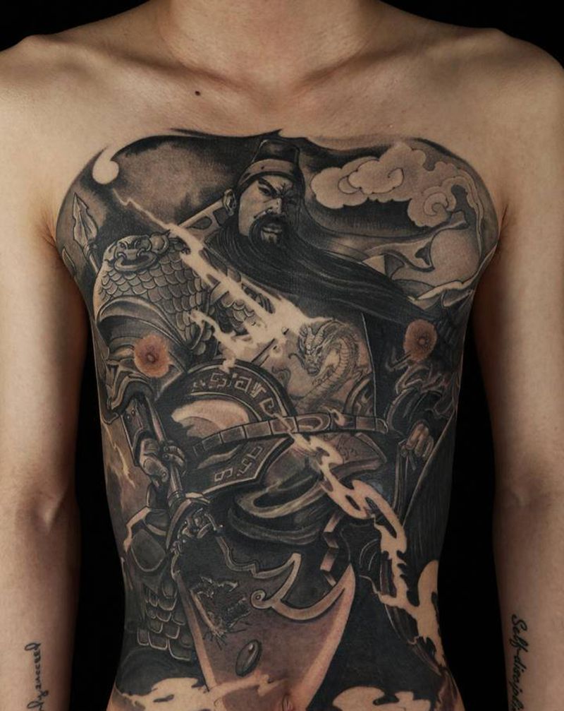 关羽纹身图片_腹部胸部新传统纹身图案