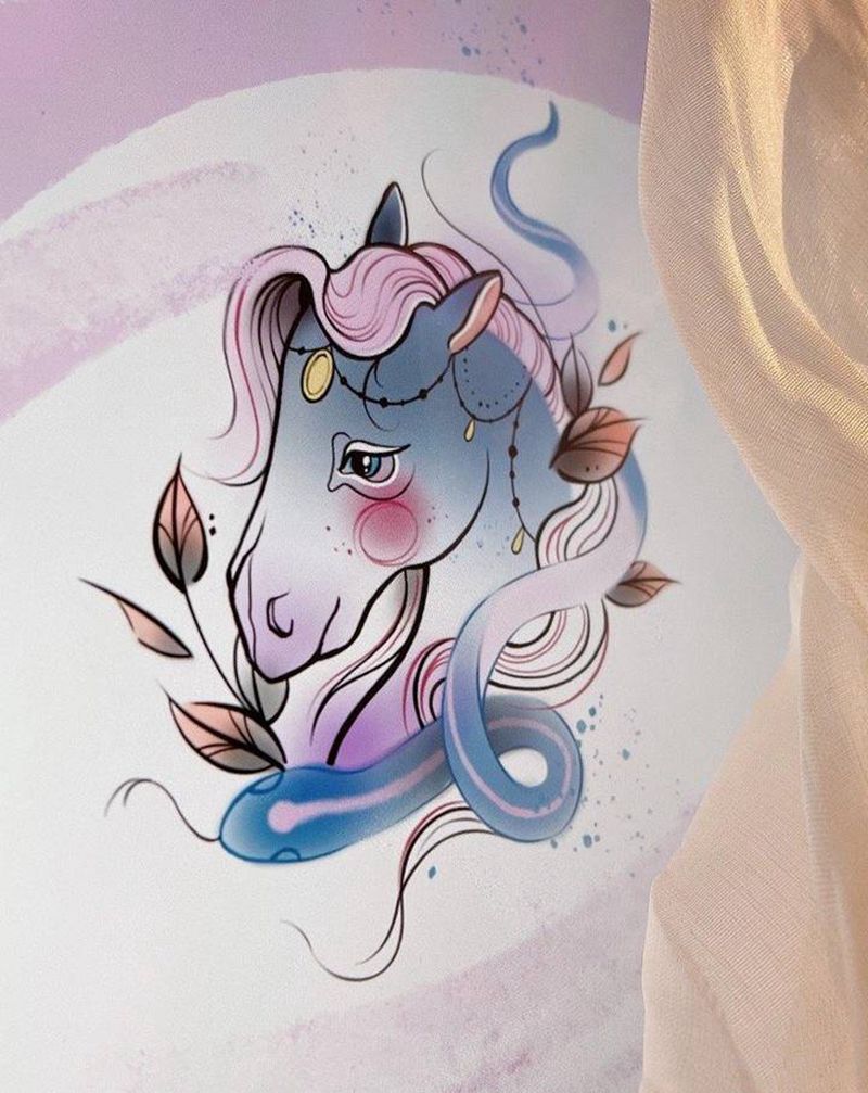 定制马与蛇闺蜜纹身手稿纹身图片_胸部腰部水彩水墨马蛇纹身图案