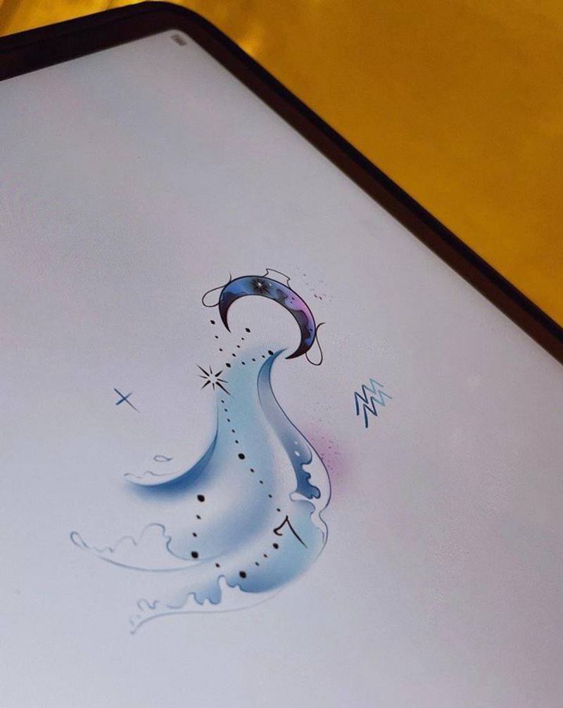 客订水瓶座与摩羯座纹身纹身图片_水彩水墨水瓶座摩羯座纹身图案