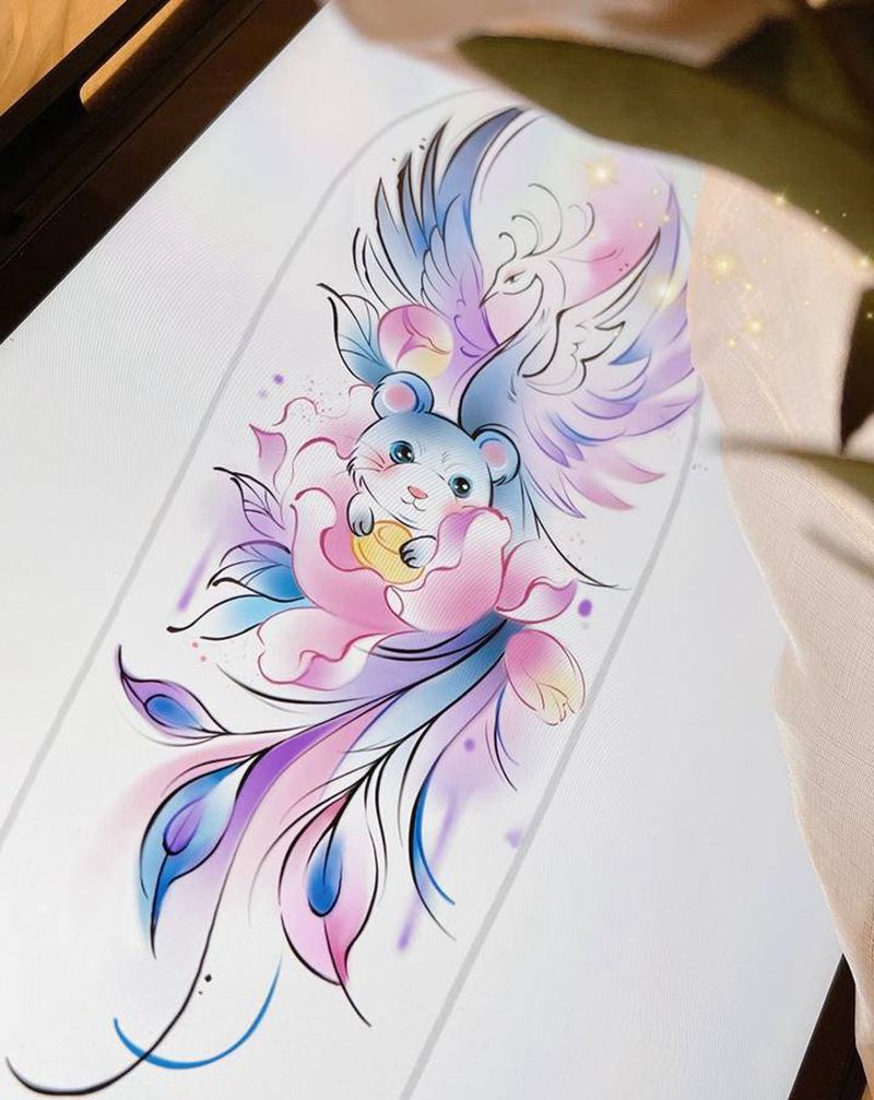 定制家人生肖鼠与鸡（凤凰）文身纹身图片_手臂水彩水墨鼠凤凰水彩纹身图案