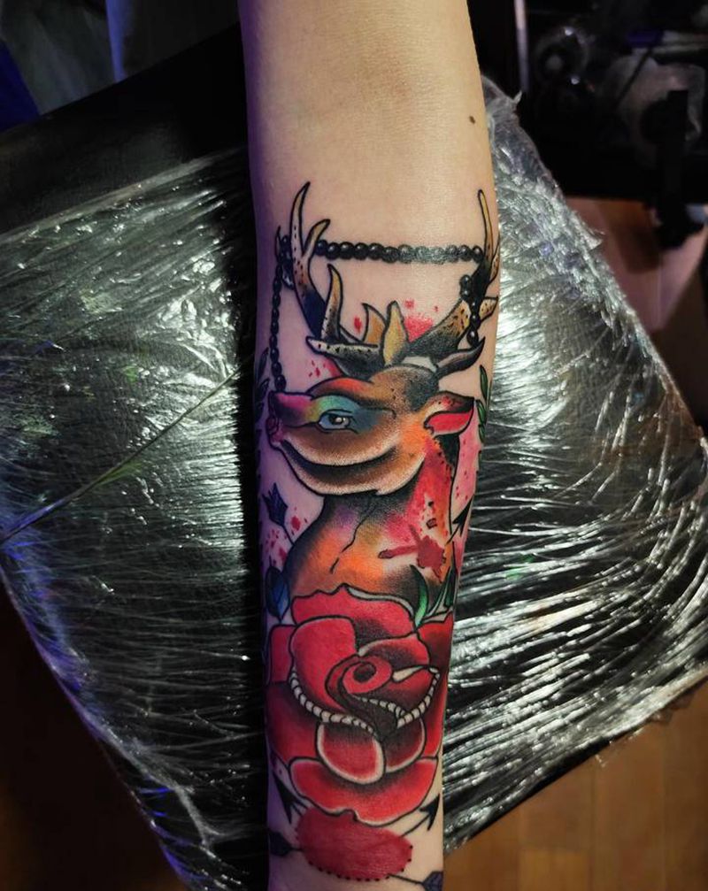 麋鹿纹身图片_手臂New School纹身图案