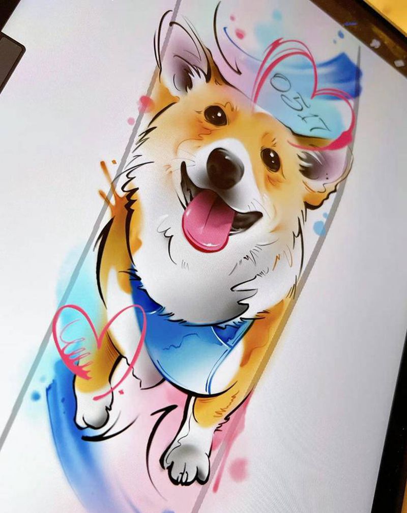 客订宠物狗狗水彩纹身手稿纹身图片_水彩水墨狗柯基纹身图案