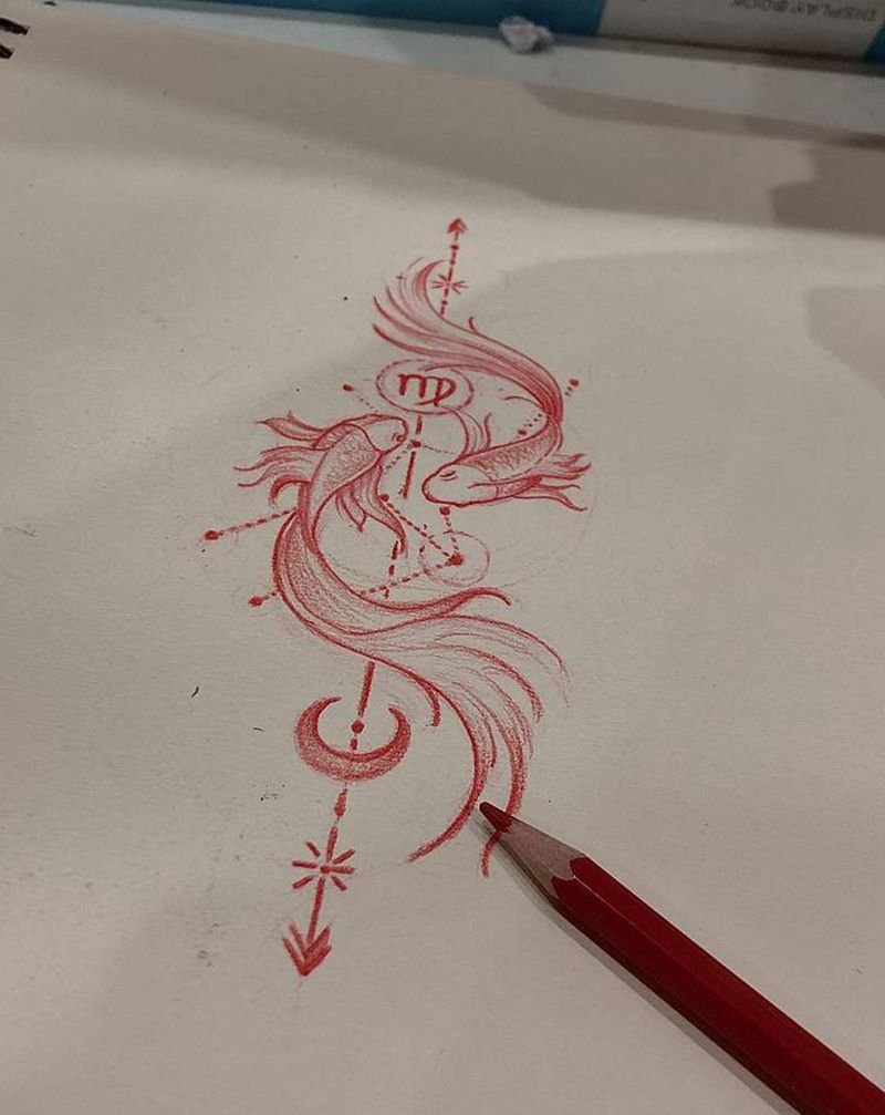 双鱼座手稿纹身图片_手臂背部水彩几何星座双鱼座纹身图案