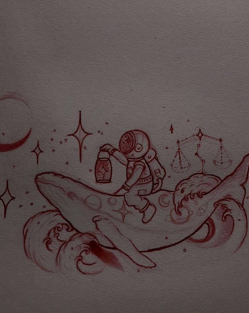 宇航员纹身图片_胸部New School宇航员星座鱼纹身图案