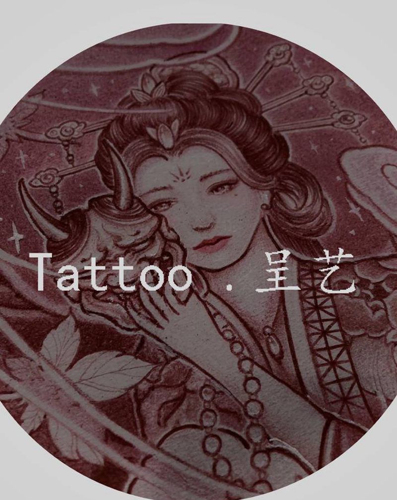 艺妓手稿纹身图片_手臂腿部新传统艺妓牡丹云雾花纹身图案