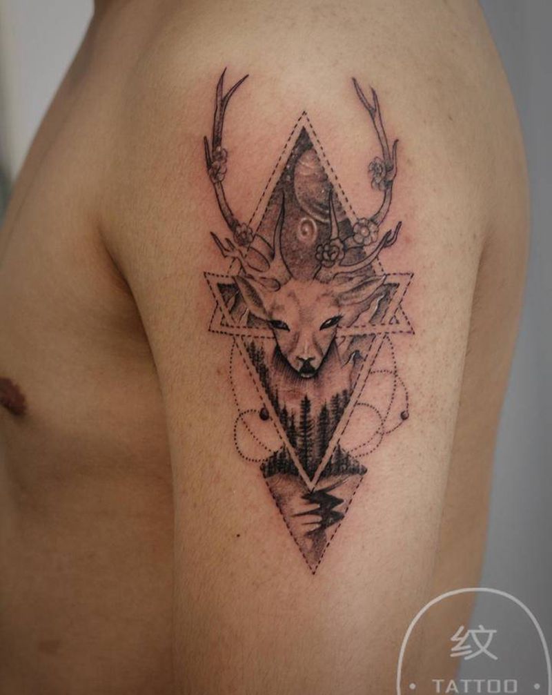 麋鹿纹身图片_手臂点刺纹身图案