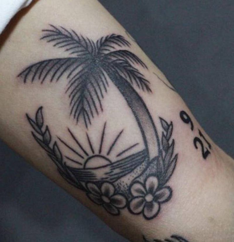 夕阳 沙滩 美景纹身图片_手臂Old School纹身图案