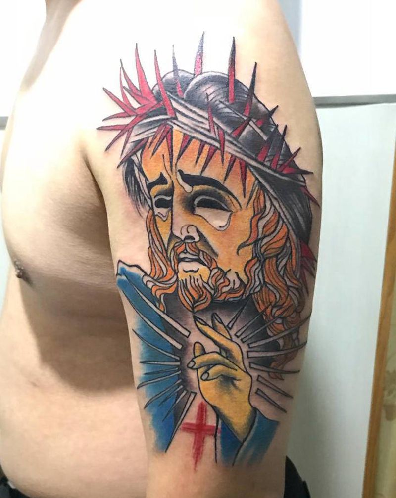 耶稣纹身图片_手臂New School纹身图案