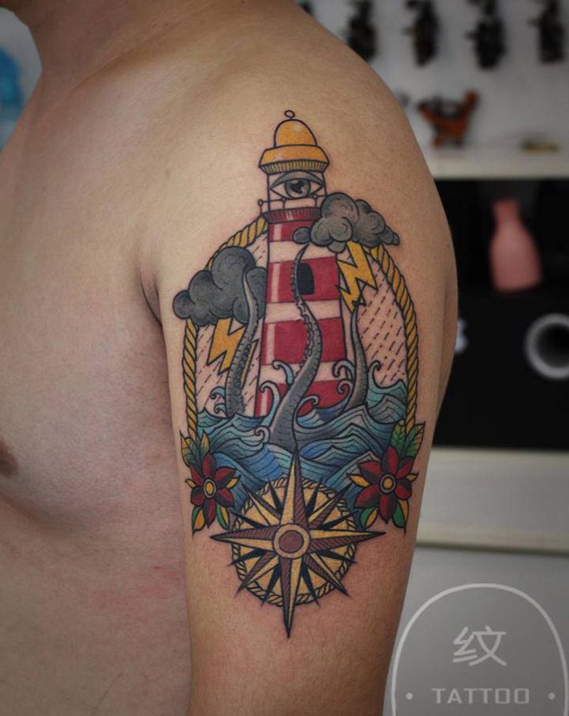 灯塔纹身图片_手臂Old School纹身图案