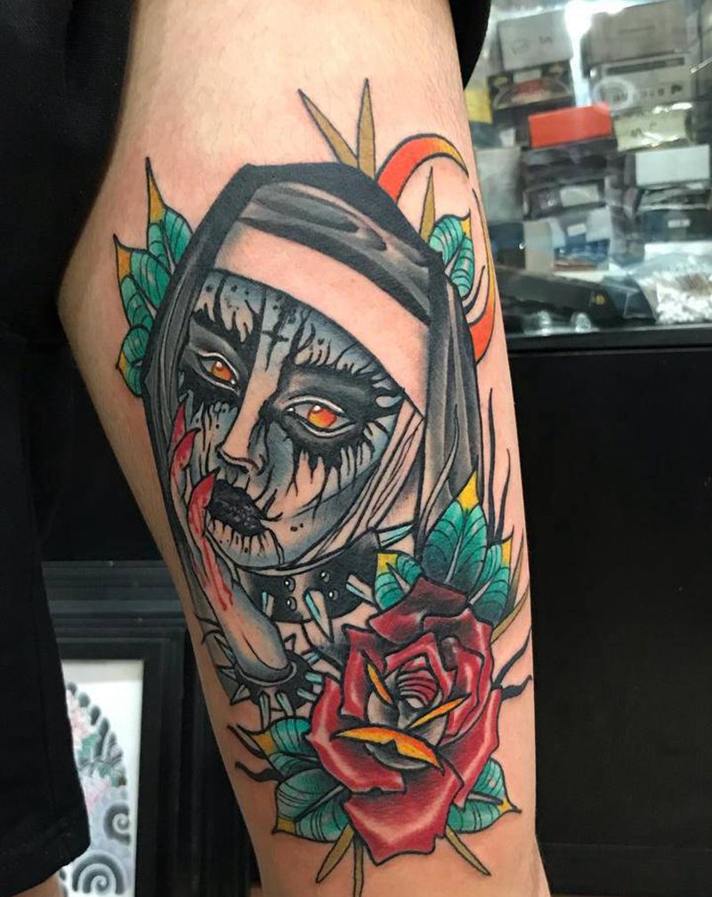 修女 遮盖工作纹身图片_腿部New School纹身图案