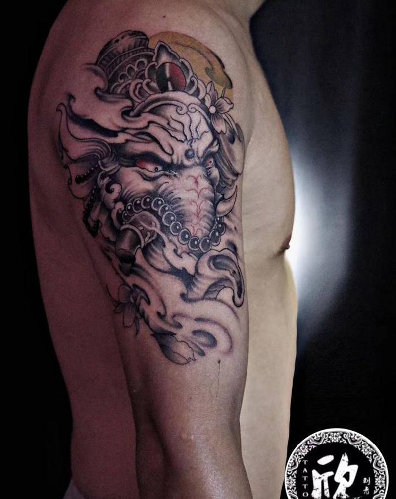 象神纹身图片_肩部新传统象神纹身图案