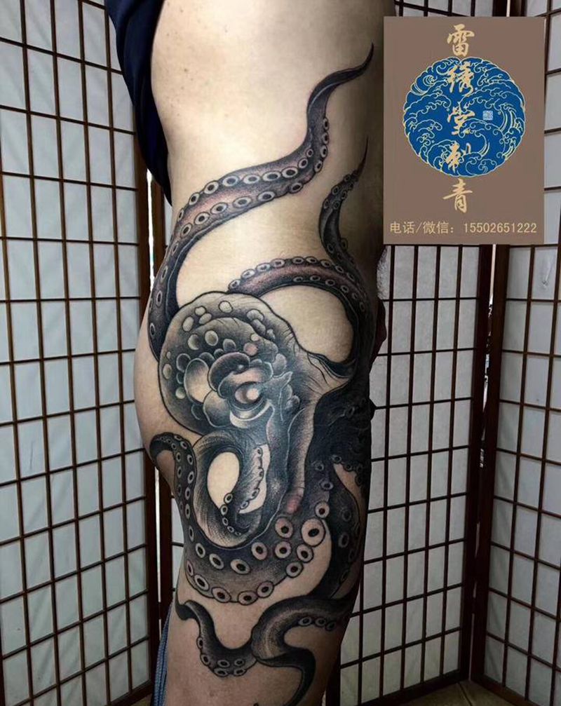 八爪鱼纹身纹身图片_腿部欧美写实点刺八爪鱼八爪鱼纹身图案