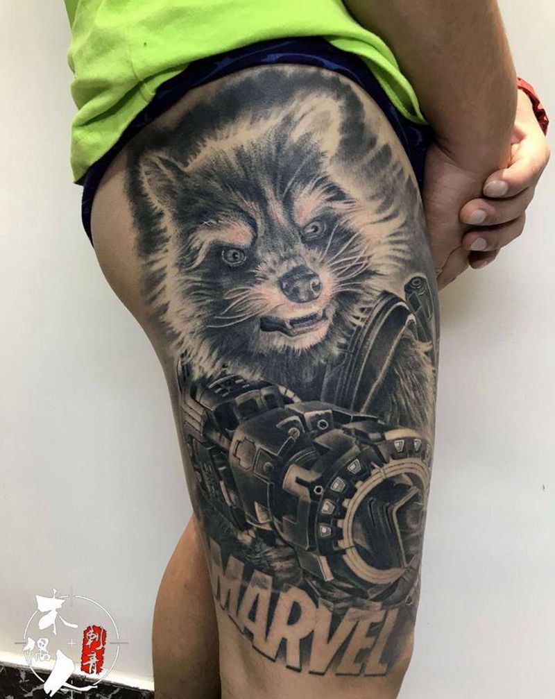 火箭浣熊纹身图片_腿部欧美写实纹身图案