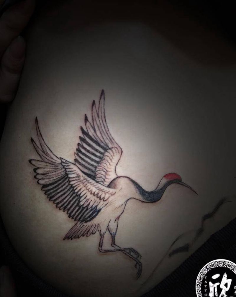 仙鹤纹身图片_腹部老传统仙鹤纹身图案