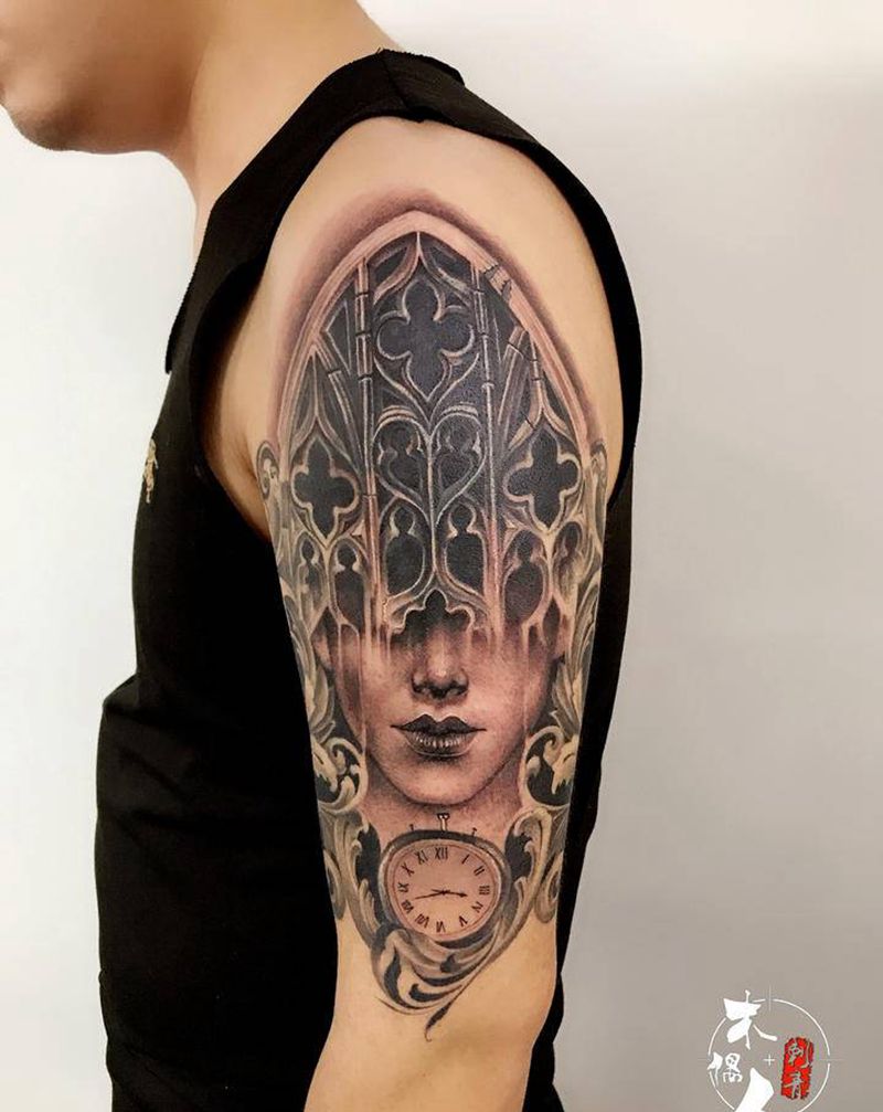 遮盖纹身图片_肩部欧美写实纹身图案