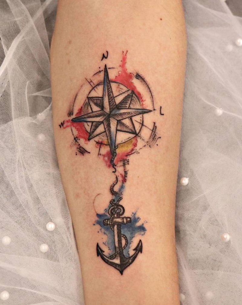 指南针纹身图片_水彩水彩指南针纹身图案