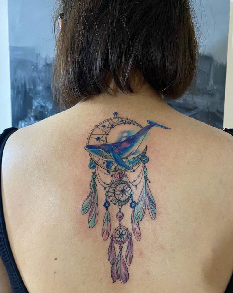 捕梦网纹身图片_背部几何水彩纹身图案