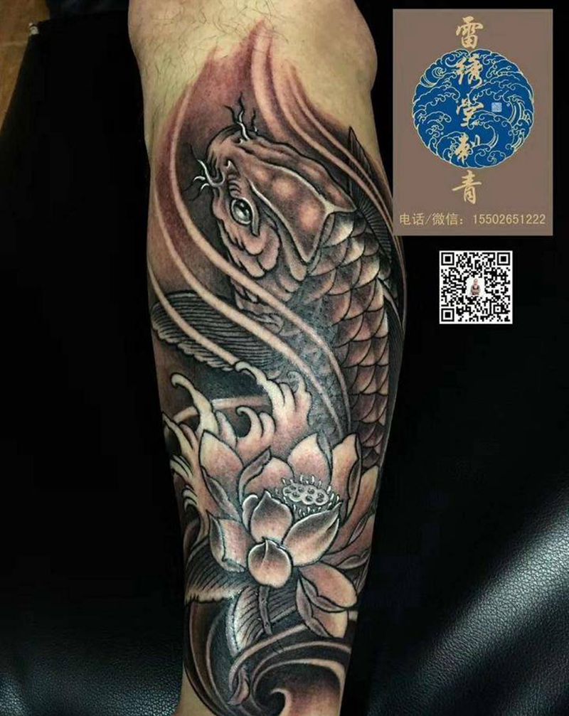 鲤鱼纹身纹身图片_腿部新传统鲤鱼小腿鱼纹身图案