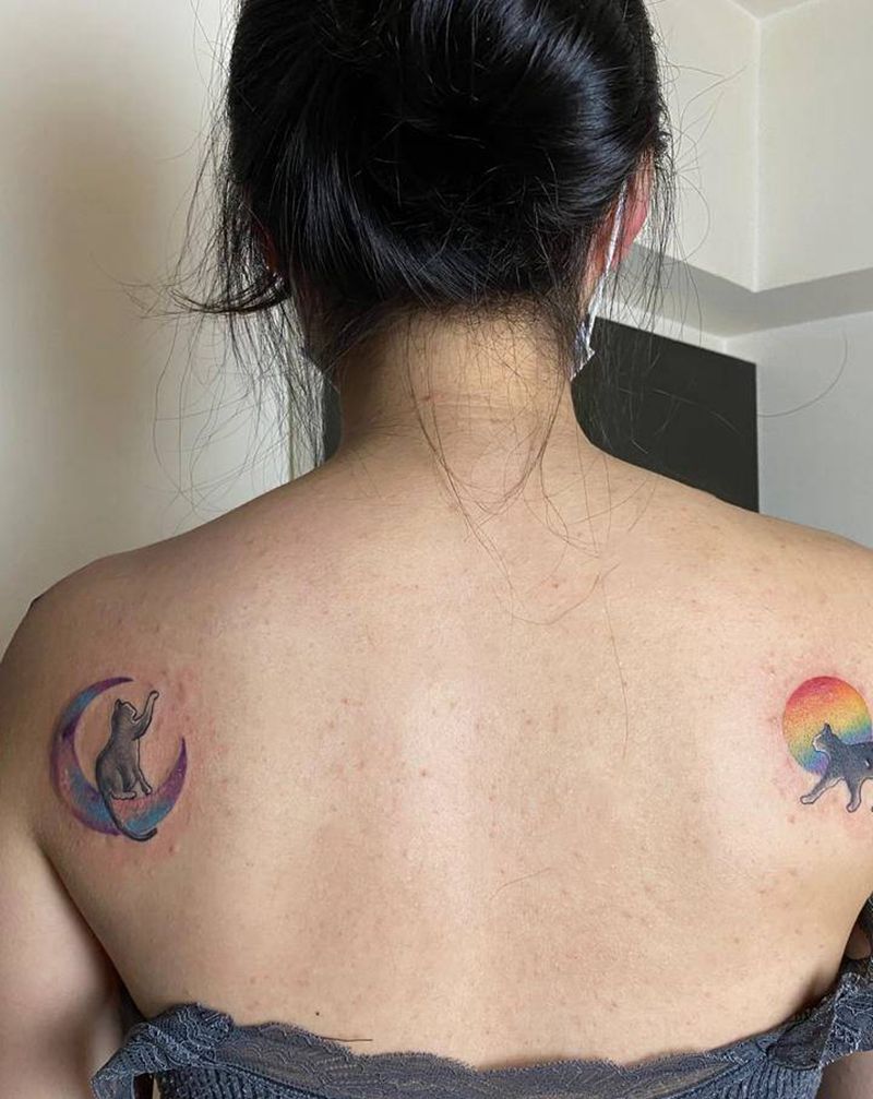 猫纹身图片_肩部几何小清新纹身图案