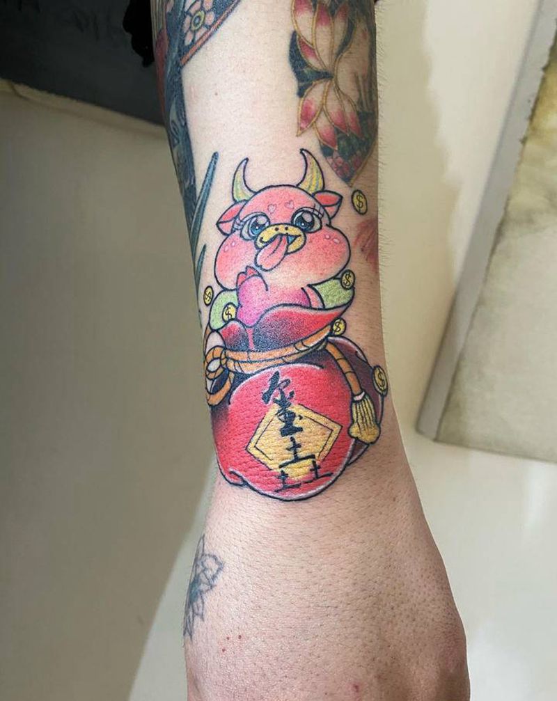 牛纹身图片_手臂New School纹身图案