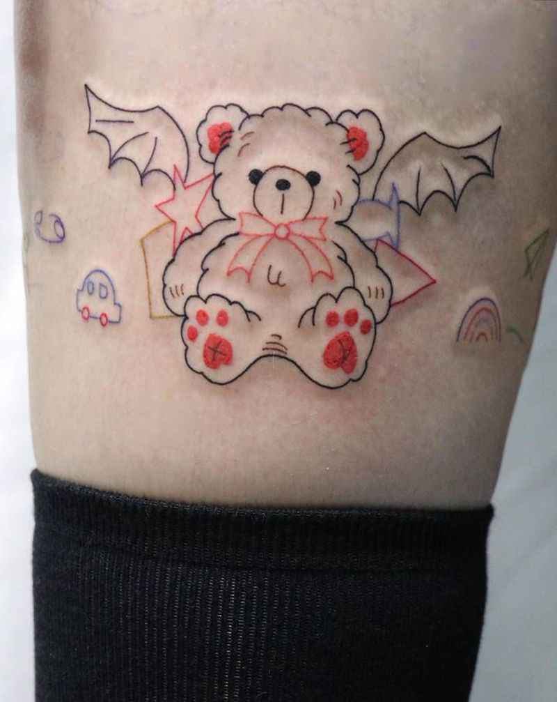 小熊腿环纹身图片_腿部水彩卡通小熊纹身图案