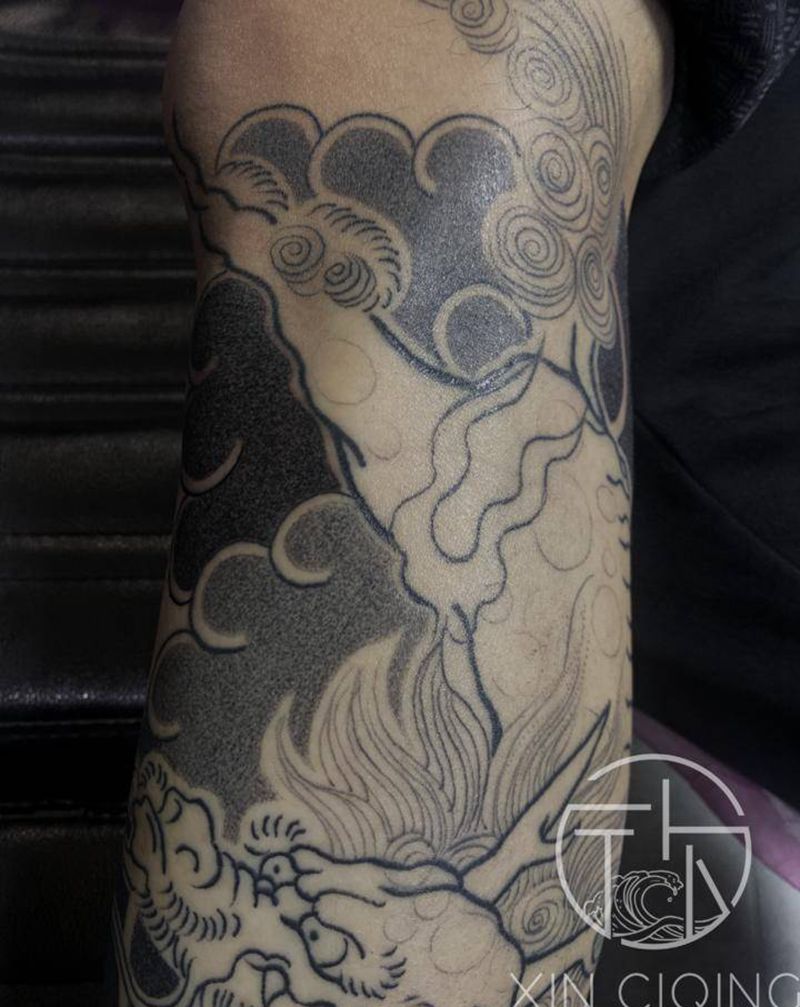 麒麟纹身图片_腿部老传统纹身图案