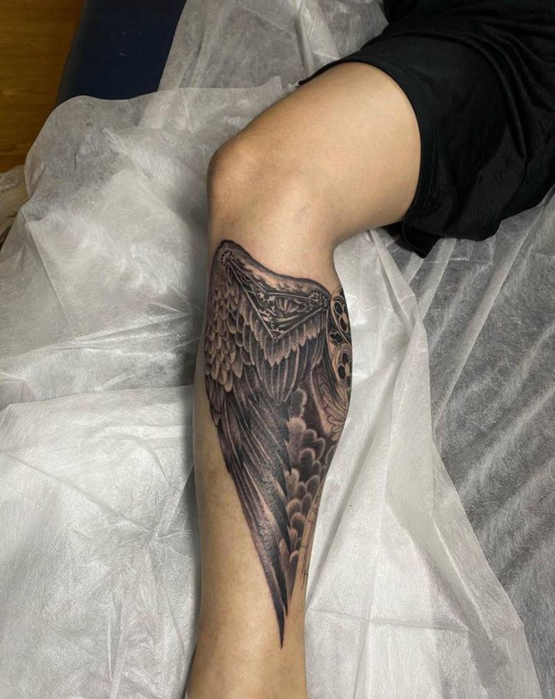 翅膀纹身图片_腿部欧美写实纹身图案