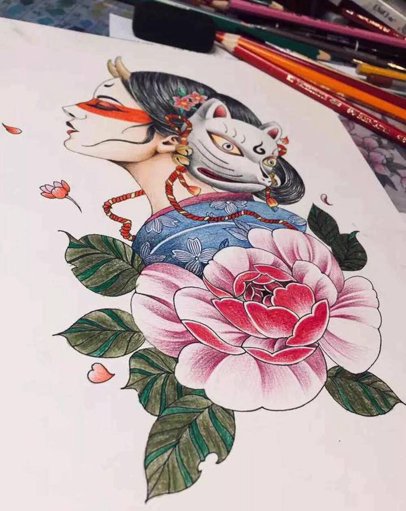 彩色未完成纹身图片_腿部纹身图案