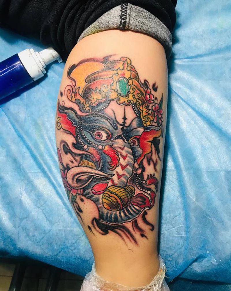 彩色象神纹身图片_腿部纹身图案