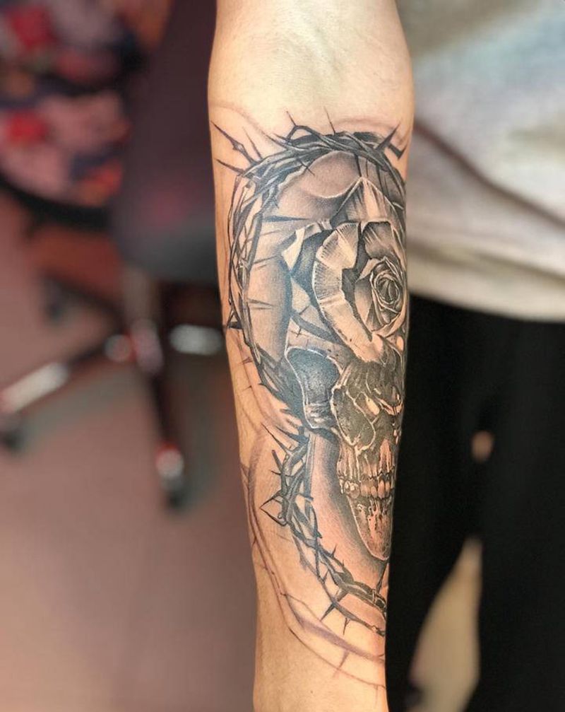 小臂骷髅纹身图片_手臂欧美写实纹身图案