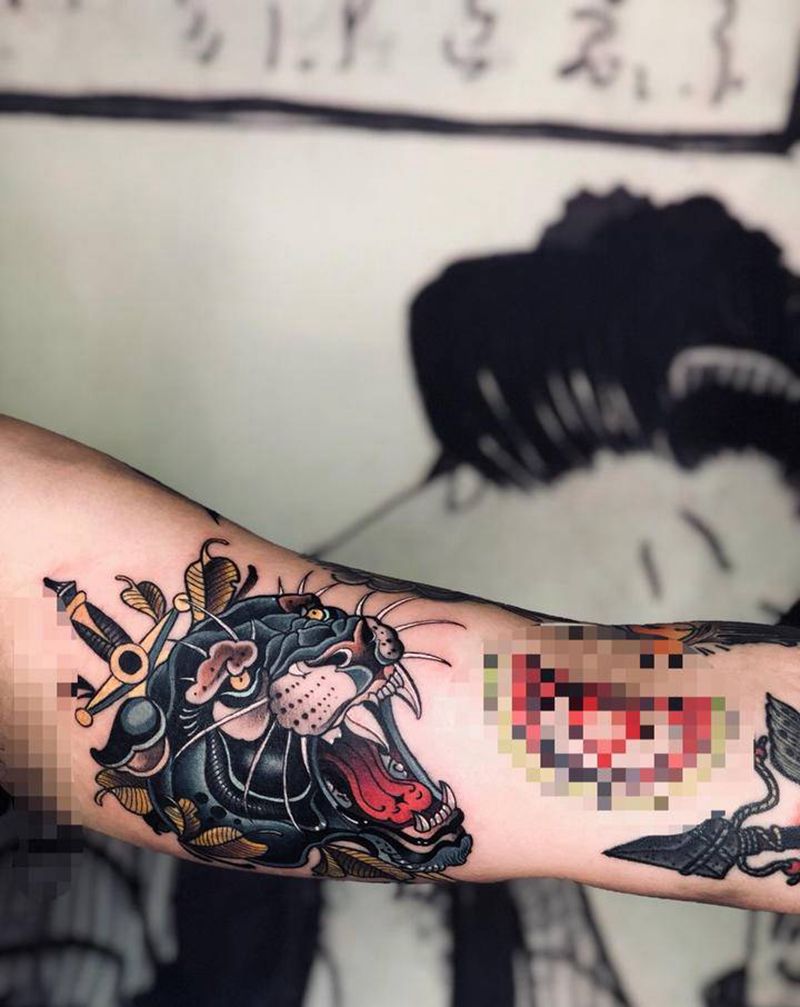 school豹子纹身图片_手臂New SchoolOld School豹子纹身图案