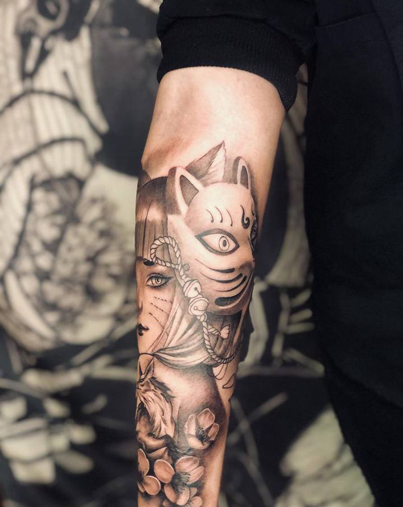 写实艺妓面具纹身图片_手臂欧美写实艺妓纹身图案