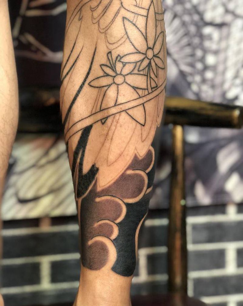 日式包腿仙鹤为完纹身图片_腿部老传统日式仙鹤纹身图案