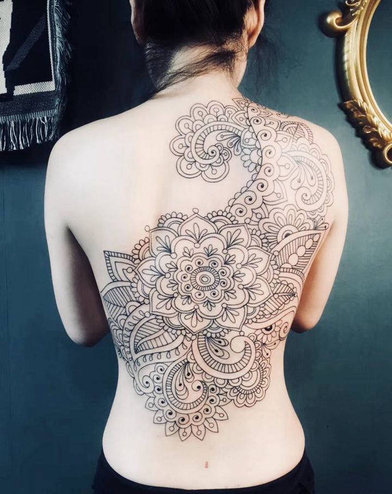 密密的线纹身图片_背部纹身图案