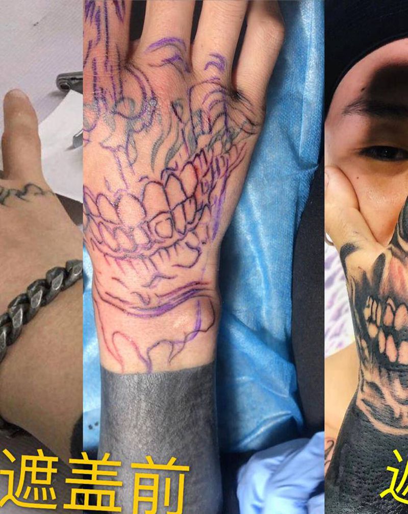 手背骷髅遮盖纹身图片_手部纹身图案