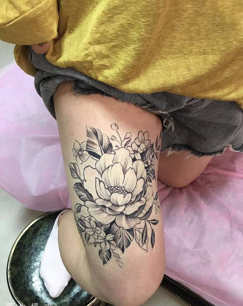 素花纹身图片_腿部纹身图案