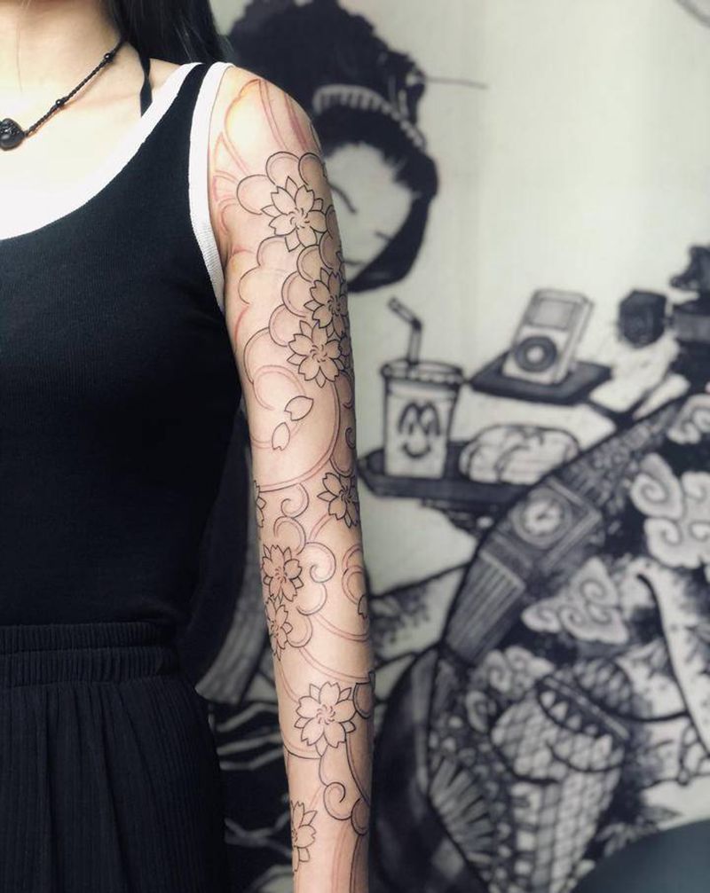 樱花包臂纹身图片_手臂老传统樱花花臂纹身图案