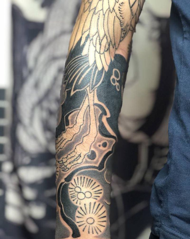 日式传统花臂仙鹤纹身图片_手臂老传统日式鹤纹身图案