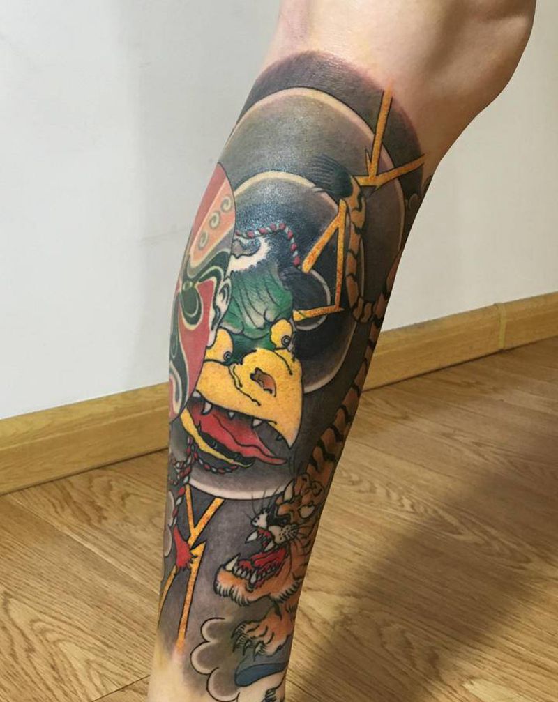 日式传统纹身图片_腿部老传统日式纹身图案