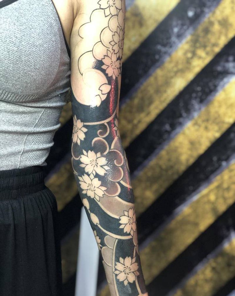 樱花花臂,在有一次完成纹身图片_手臂老传统樱花日式老传统纹身图案