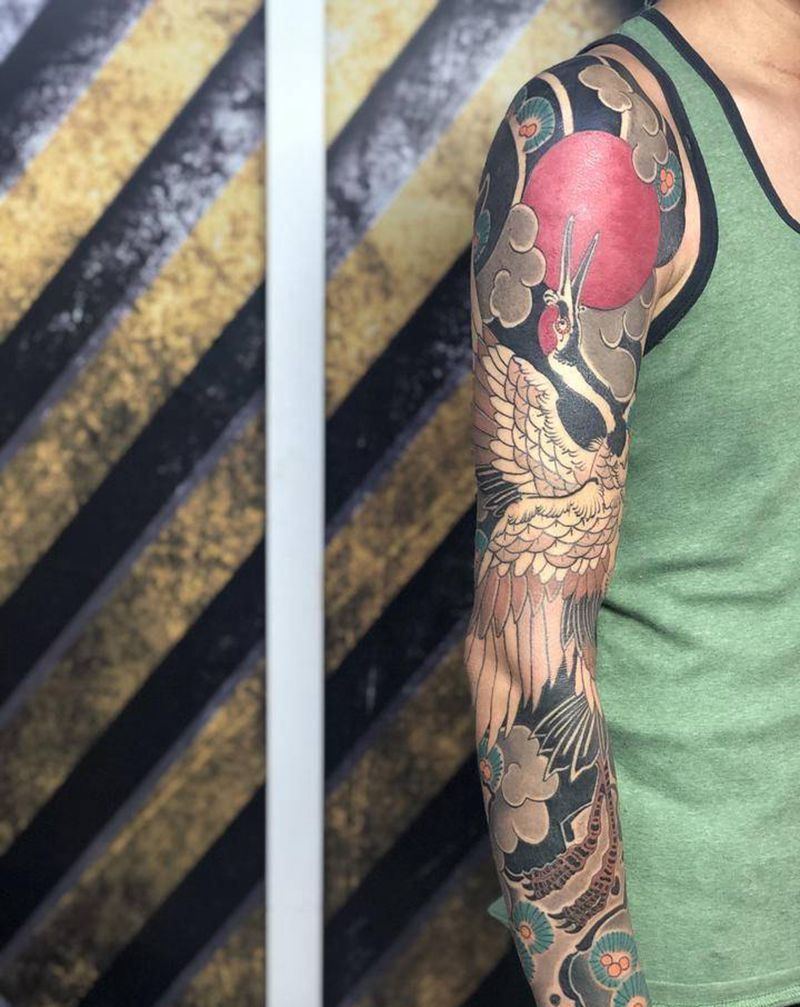 日式老传统,鹤纹身图片_手臂老传统日式鹤纹身图案