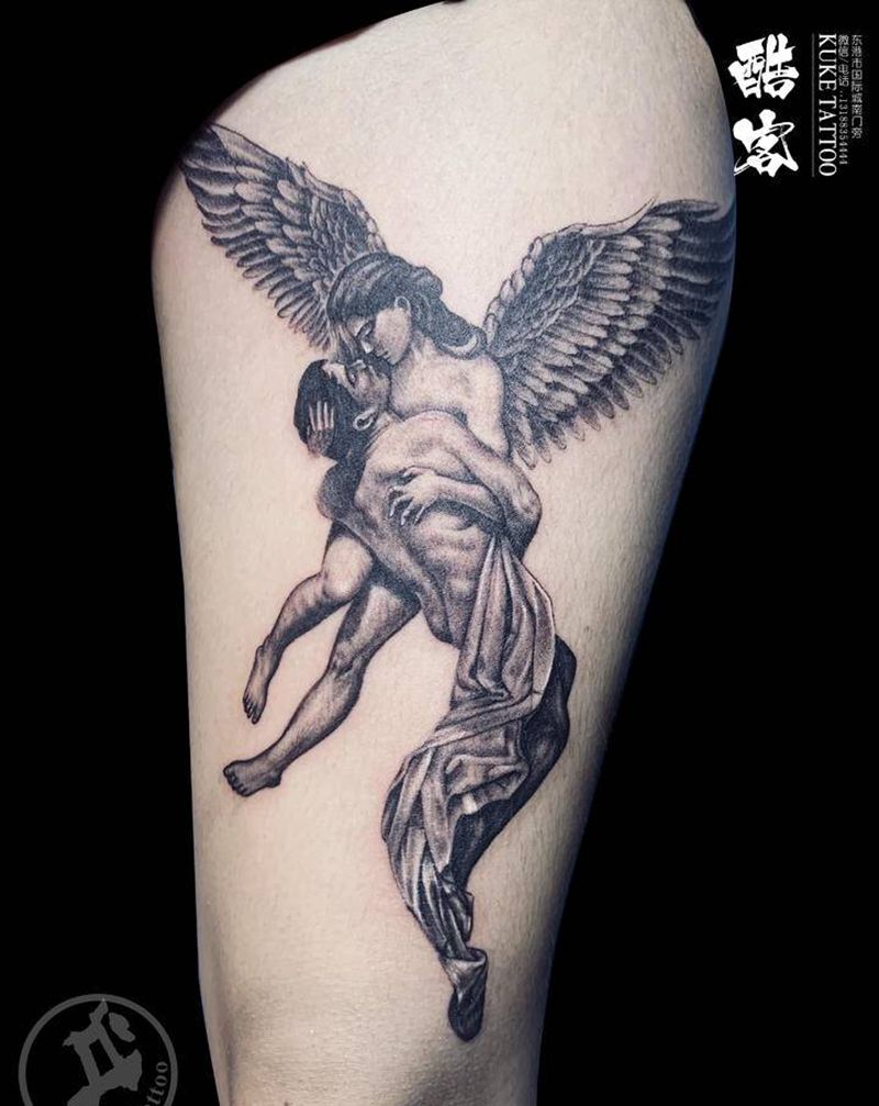 天使纹身图片_腿部纹身图案