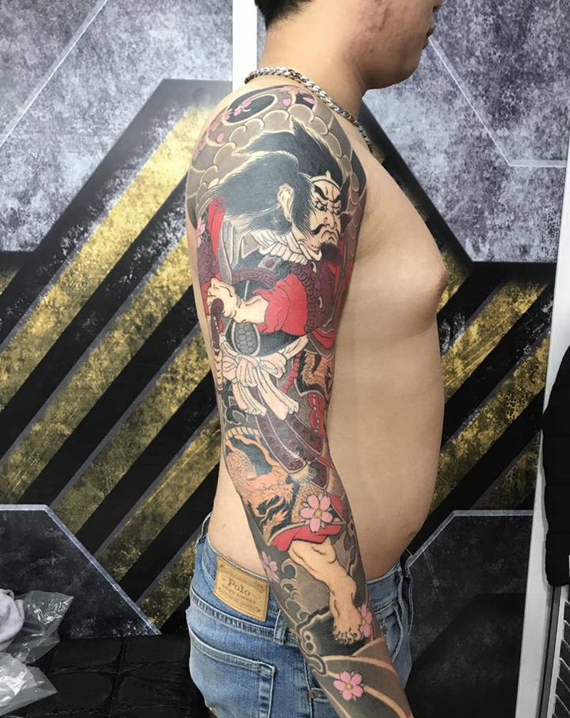 日式老传统花臂完工纹身图片_手臂老传统人物樱花纹身图案