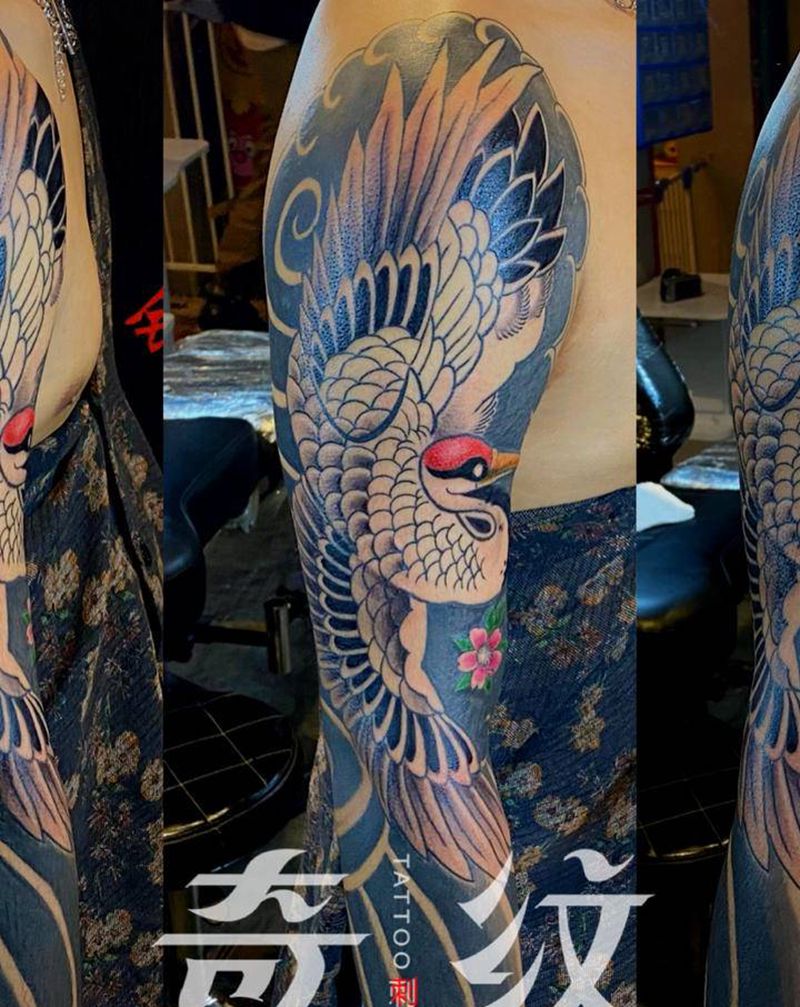 老传统仙鹤纹身图片_手臂老传统纹身图案