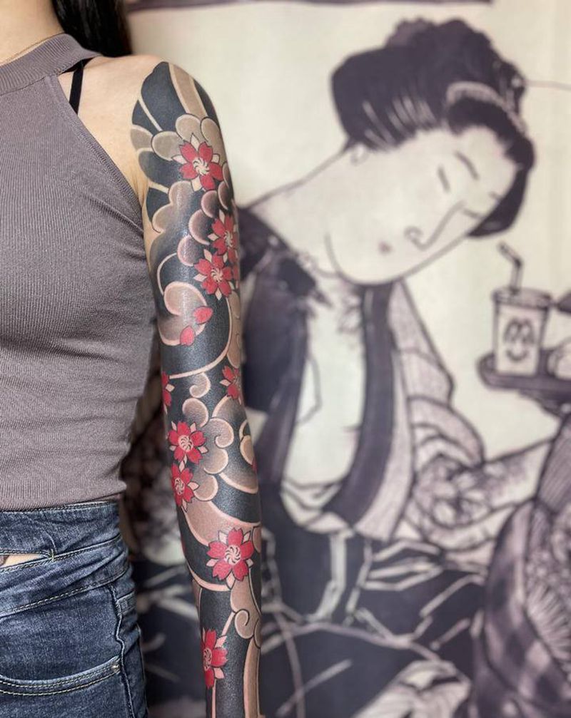 日式老传统樱花花臂纹身图片_手臂老传统樱花花臂纹身图案