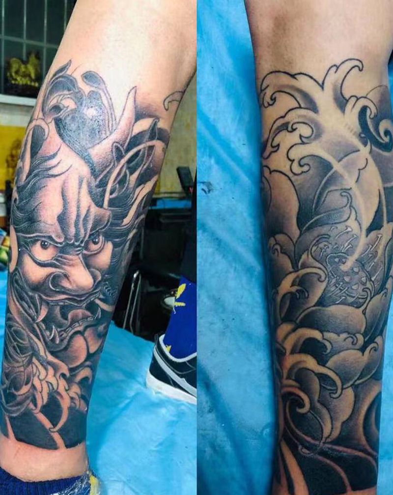 般若荷花包小腿纹身图片_腿部纹身图案