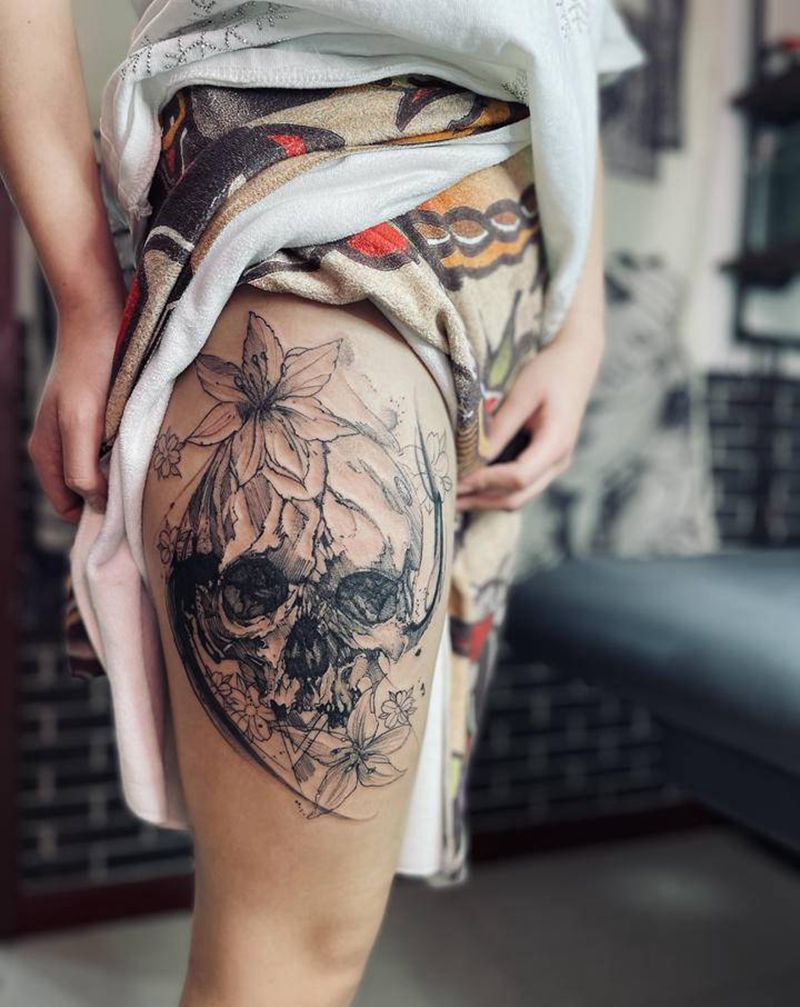 彼岸骷髅纹身图片_腿部点刺纹身图案