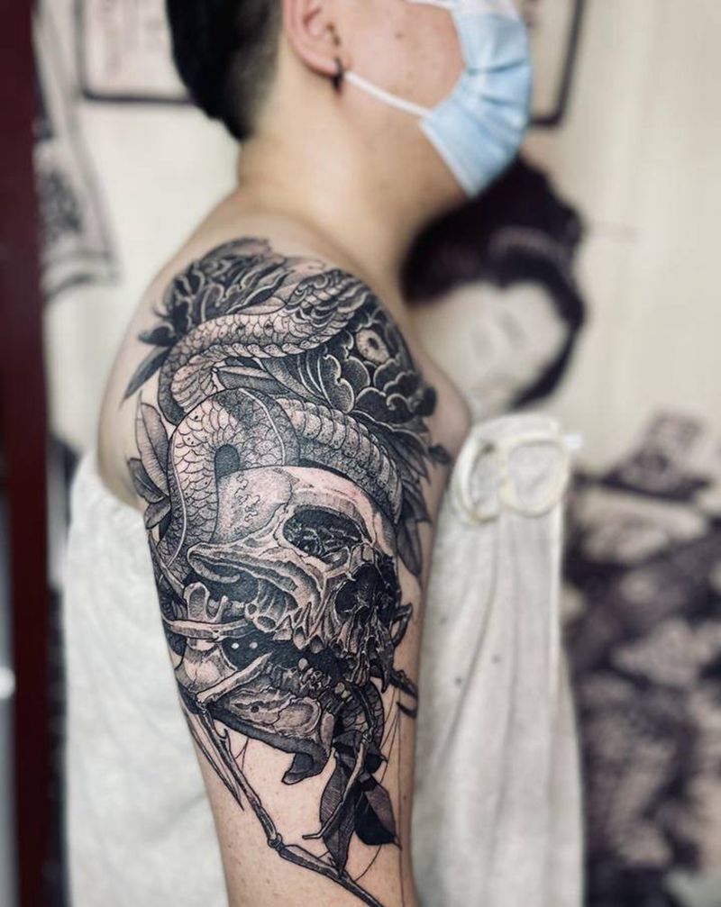 点刺骷髅纹身图片_手臂点刺骷髅蛇点刺骷髅纹身图案